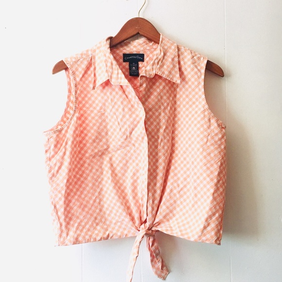 Vintage Tops - • vintage coral gingham collared sleeveless top •